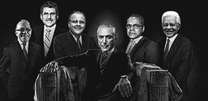 Os mais próximos de Temer são Eliseu Padilha (RS), Henrique Eduardo Alves (RN), Moreira Franco (RJ), Geddel Vieira Lima (BA) e Romero Jucá (RR)