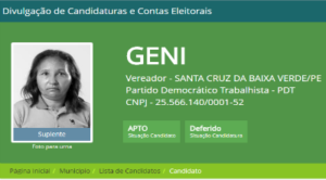 A candidata Geni, de Santa Cruz da Baixa Verde, em Pernambuco, consta no TSE como beneficiária da maior doação eleitoral registrada nas eleições