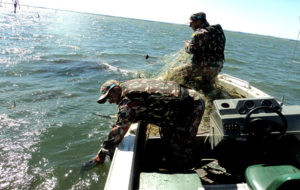 Policiais durante trabalho verificando as ilegalidades de petrechos de pesca.